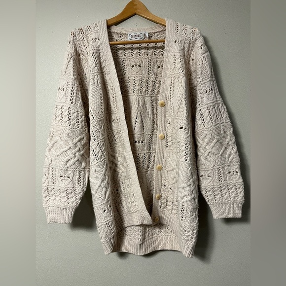3D Cable Knit Fisherman Chamonix Cardigan Sweater Women L Cream Wool Heavy Cozy - Picture 8 of 8